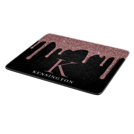 Schwarze Rose Gold Sparkle Glitzer Tropfen Monogra Schneidebrett (Ecke)