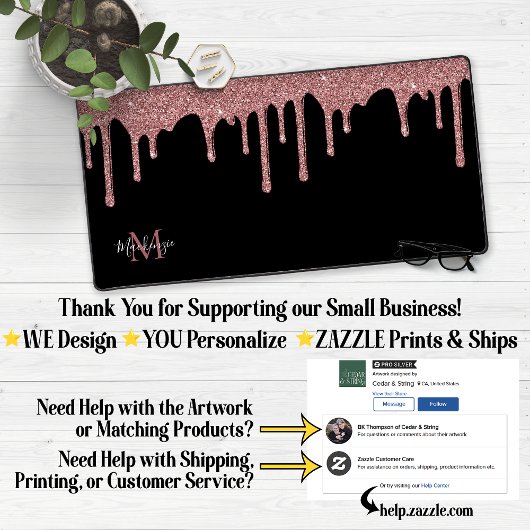 Schwarze Rose Gold Sparkle Glitzer Tropfen Monogra Schreibtischunterlage