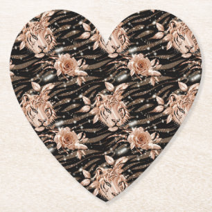 Schwarze Rose Gold Tiger Floral Untersetzer
