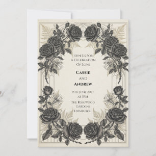 Schwarze Rose Goldene Farn-Hochzeitseinladung Einladung