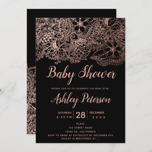 Schwarze Rose Goldflorentypografie Babydusche Einladung (Vorne/Hinten)