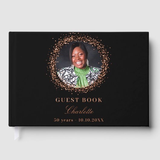 Schwarze Rose Goldfolie Foto Geburtstag Gästebuch (Vorderseite)