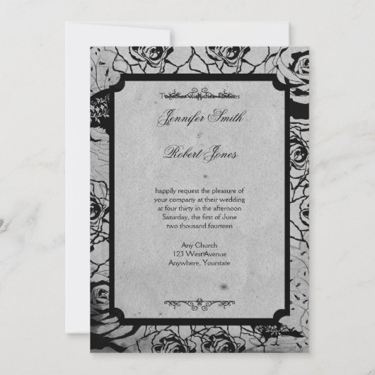 Schwarze Rose Gothic Frame Wedding Einladung (Rückseite)