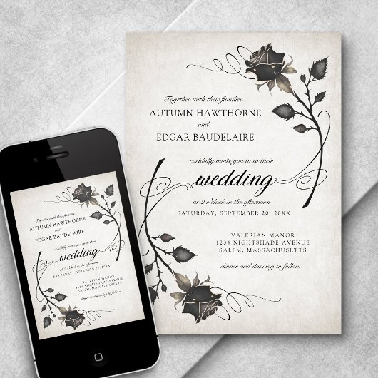 Schwarze Rose Halloween Gotische Hochzeit Einladung