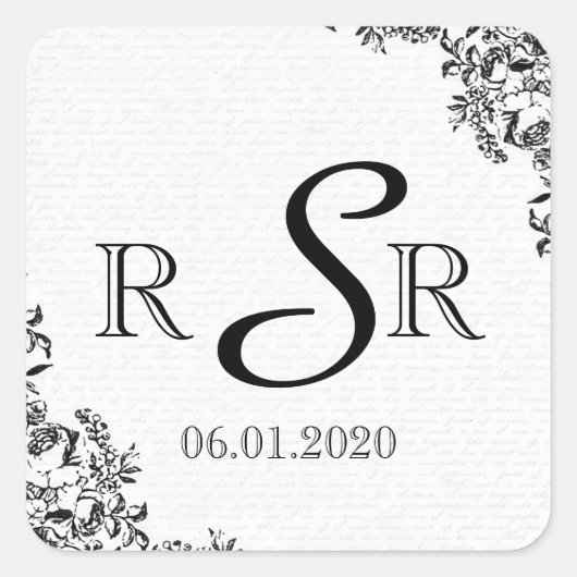 Schwarze Rose Liebe Letter Wedding Monogram Quadratischer Aufkleber (Vorderseite)