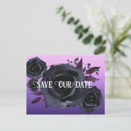 Schwarze Rose Lila Foto Rette unser Datum Postkarte (Stehend Vorderseite)