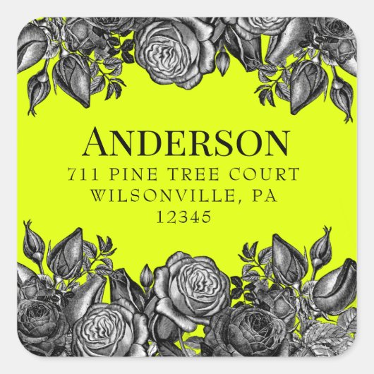 Schwarze Rose Lime Green Wedding Rücksendeadresse Quadratischer Aufkleber (Vorderseite)