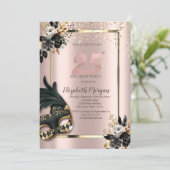 Schwarze Rose Masque Confetti Rose Gold 25. Einladung (Stehend Vorderseite)