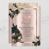 Schwarze Rose Masque Confetti Rose Gold 25. Einladung (Vorne/Hinten)
