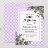 Schwarze Rose Mauve & White Checkered Geburtstag Einladung (Vorne/Hinten)