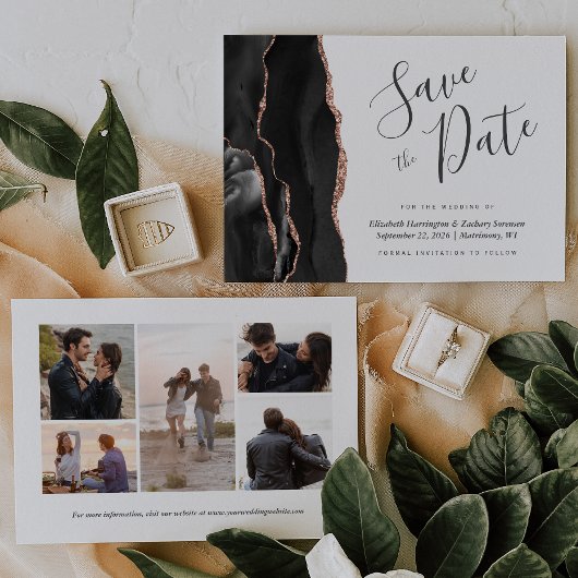 Schwarze Rose mit 5 Foto Gold Agate Save the Date Einladung