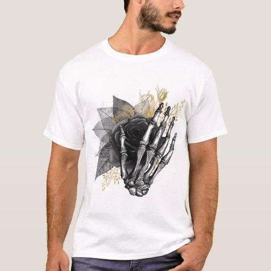 Schwarze Rose mit Skeletthand Gotischer T - Shirt (Vorderseite)
