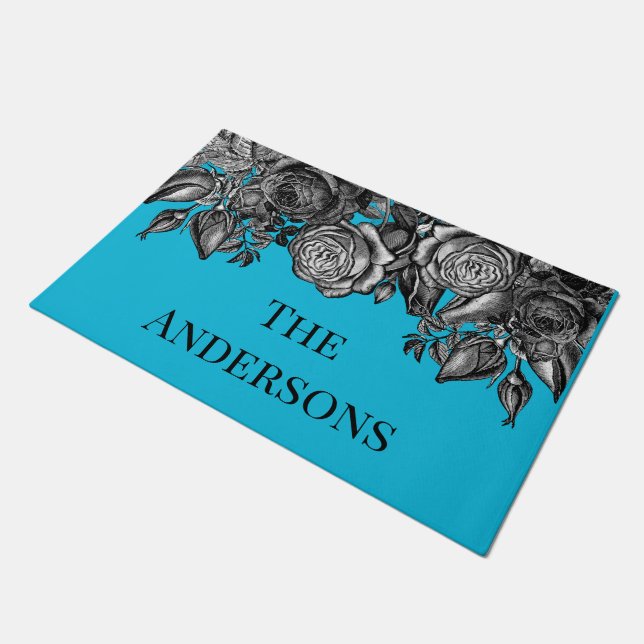Schwarze Rose Name Electric Blue Fußmatte (Schrägansicht)