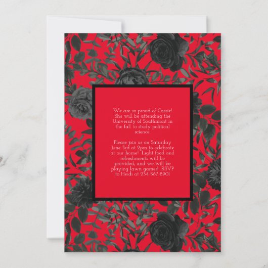 Schwarze Rose Red School Colors Abschluss Einladung (Rückseite)