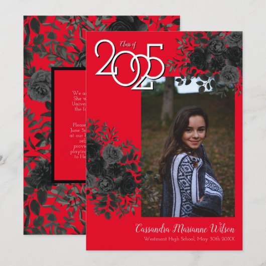 Schwarze Rose Red School Colors Abschluss Einladung (Vorne/Hinten)