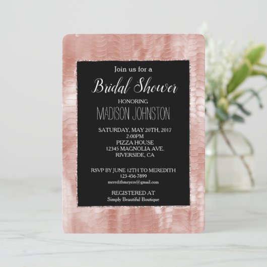 Schwarze Rose Rosa Muschel Einladung (Stehend Vorderseite)