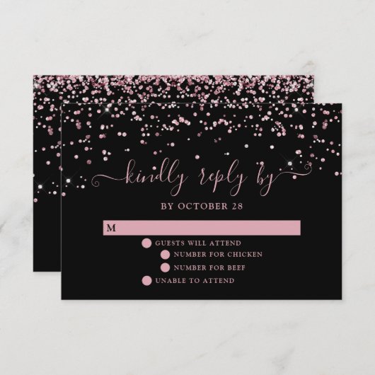 Schwarze Rose Rosa Rosa Glitzer Hochzeit RSVP (Vorne/Hinten)