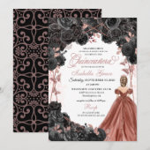 Schwarze Rose Rosa Schmetterling Glitzer Quinceañe Einladung (Vorne/Hinten)