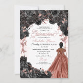 Schwarze Rose Rosa Schmetterling Glitzer Quinceañe Einladung (Vorderseite)