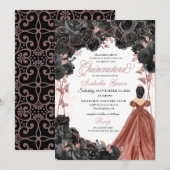 Schwarze Rose Rosa Schmetterling Glitzer Quinceañe Einladung (Vorne/Hinten)