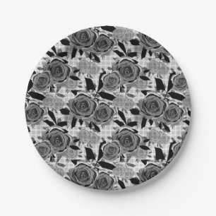 Schwarze Rose, Rose, Schwarz und Grau Pappteller