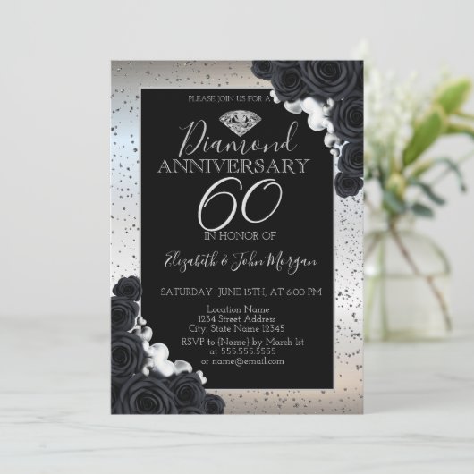 Schwarze Rose Silver Confetti Hochzeitstag Einladung (Stehend Vorderseite)