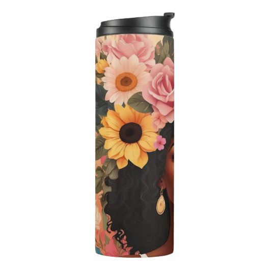 Schwarze Rose & Sonnenblumen, geschmeidig Thermosbecher (Nach links gedreht)