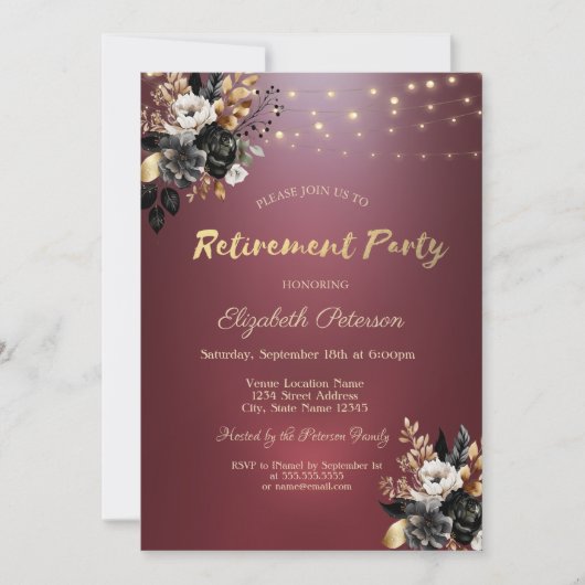 Schwarze Rose String Light Red Retirement Party Einladung (Vorderseite)