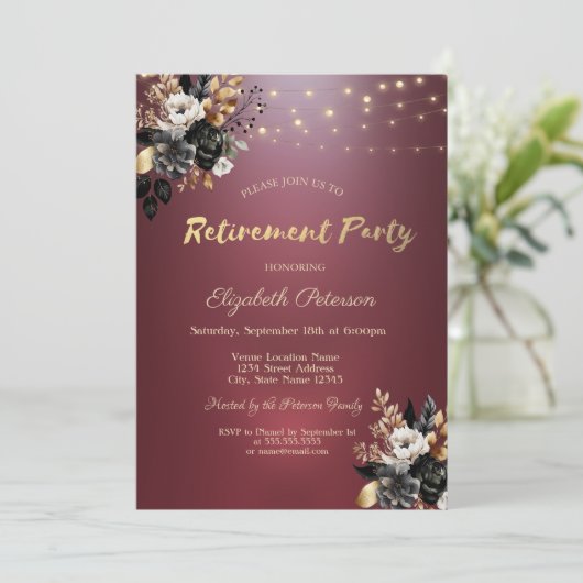 Schwarze Rose String Light Red Retirement Party Einladung (Stehend Vorderseite)