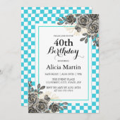 Schwarze Rose Türkis & Weiß Einladung (Vorne/Hinten)