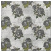 Schwarze Rose und grüne Blätter auf Weiß Stoff (Muster)