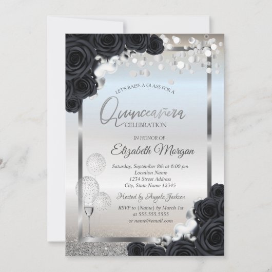 Schwarze Rose Weine Glasballons Quinceañera Einladung (Vorderseite)
