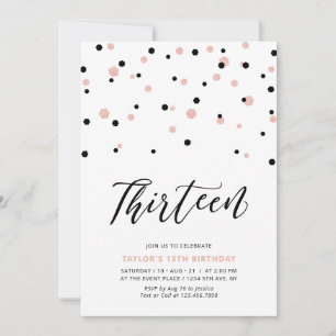 Schwarze & Roségold Mädchen 13. Teenager-Geburtsta Einladung