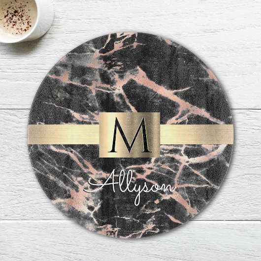 Schwarze & Roségold-Marmor-Goldbox, Name & Monogra Schneidebrett