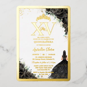 Schwarze Rosen Floral Quinceañera Quince 15 XV Gol Folieneinladung
