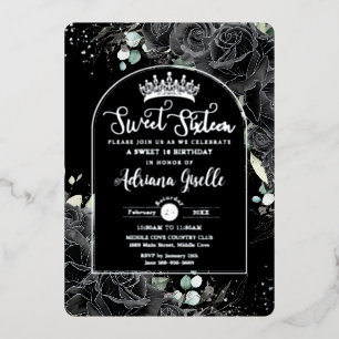 Schwarze Rosen Floral Schwarz Silber Sweet 16 Gebu Folieneinladung