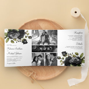 Schwarze Rosen Florale Fotocollage Weiße Hochzeit Dreifach Gefaltete Einladung