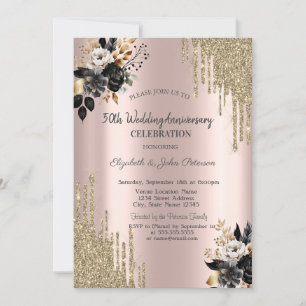 Schwarze Rosen Glitter Tröpfchen Hochzeit Jubiläum Einladung