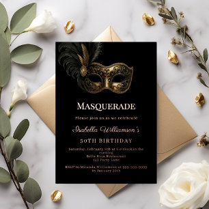 Schwarze Rosen-Gold-Masquerade-Geburtstagsfeier Folieneinladung