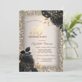 Schwarze Rosen, Lichter Glitter Rahmen 50. Geburts Einladung (Stehend Vorderseite)