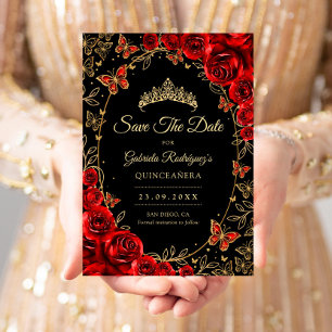 Schwarze Rot Gold Quinceanera Save The Date