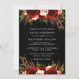 Schwarze rote Blumen Boho Hochzeit Einladung