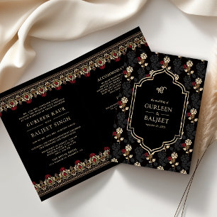 Schwarze Rote Creme Ikat All in One Sikh-Hochzeit Einladung