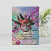 SCHWARZE ROTE JESTER MASK ,Masquerade Party Blau Einladung (Stehend Vorderseite)