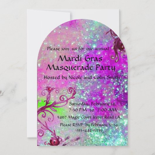 SCHWARZE ROTE JESTER MASK ,Masquerade Party Lila Einladung (Rückseite)