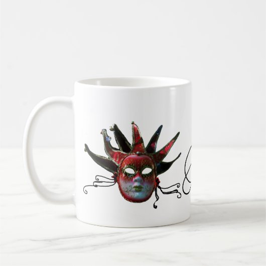 SCHWARZE ROTE JESTER MASK MONOGRAMM ,Party Kaffeetasse (Links)
