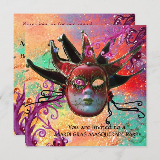 SCHWARZE ROTE JESTERMASK ,Party Masquerade Einladung (Vorne/Hinten)