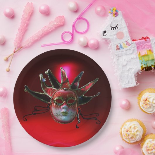 SCHWARZE ROTE JESTERMASK ,Party Masquerade Pappteller (Party)