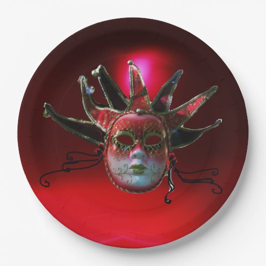 SCHWARZE ROTE JESTERMASK ,Party Masquerade Pappteller (Vorderseite)