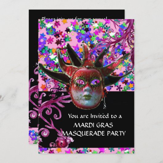 SCHWARZE ROTE JESTERMASK ,Party Masquerade, Schwar Einladung (Vorne/Hinten)